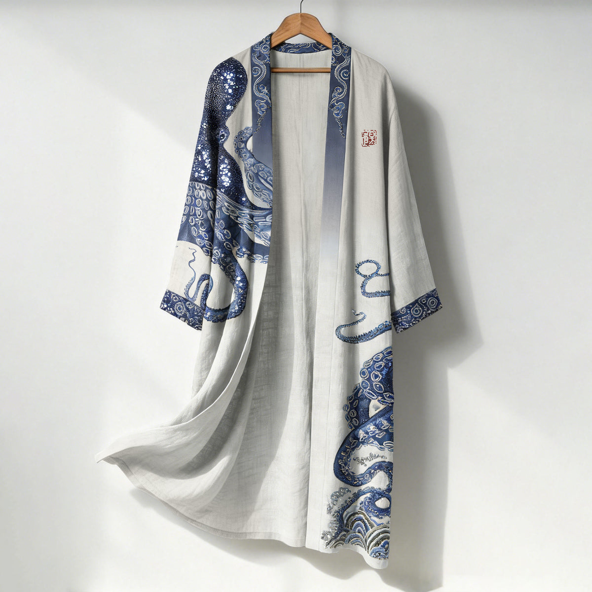 Men's Japanese Octopus Art Print Linen Long Kimono