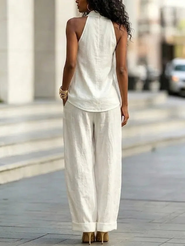 Cotton Casual Plain Halter Neck Blouse