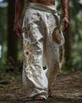 Men's casual star and moon 3D embroidered linen trousers 5bec