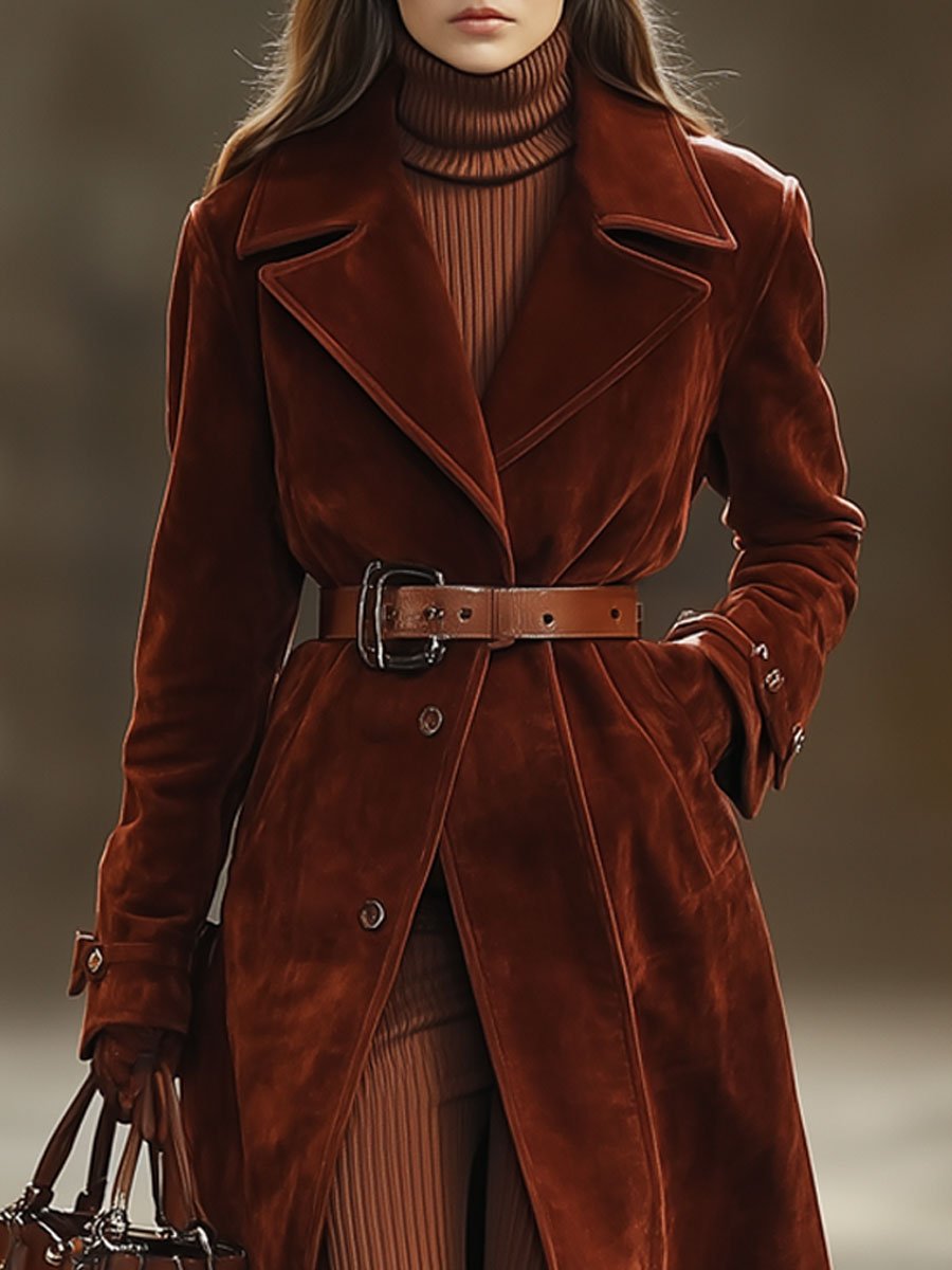 [24-hour shipping out]Casual Loose Vintage Angora Red Suede Pocket Lapel Extra Long Coat
