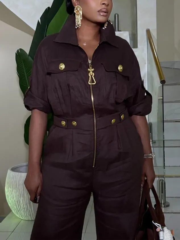 Cotton And Linen Casual Buttoned Plain Shawl Collar Shirt Jumpsuit