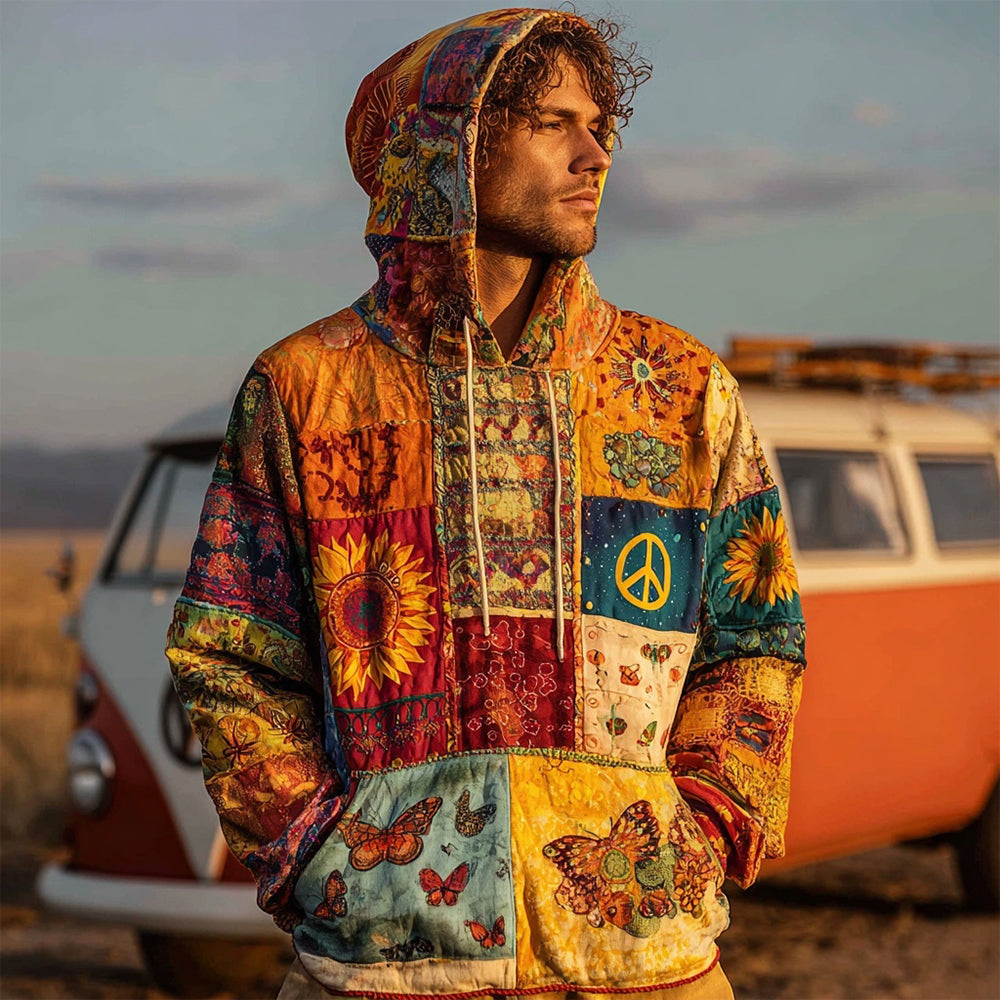 Men's Boho Hippie Peace Sign Patchwork Comfy Hoodie