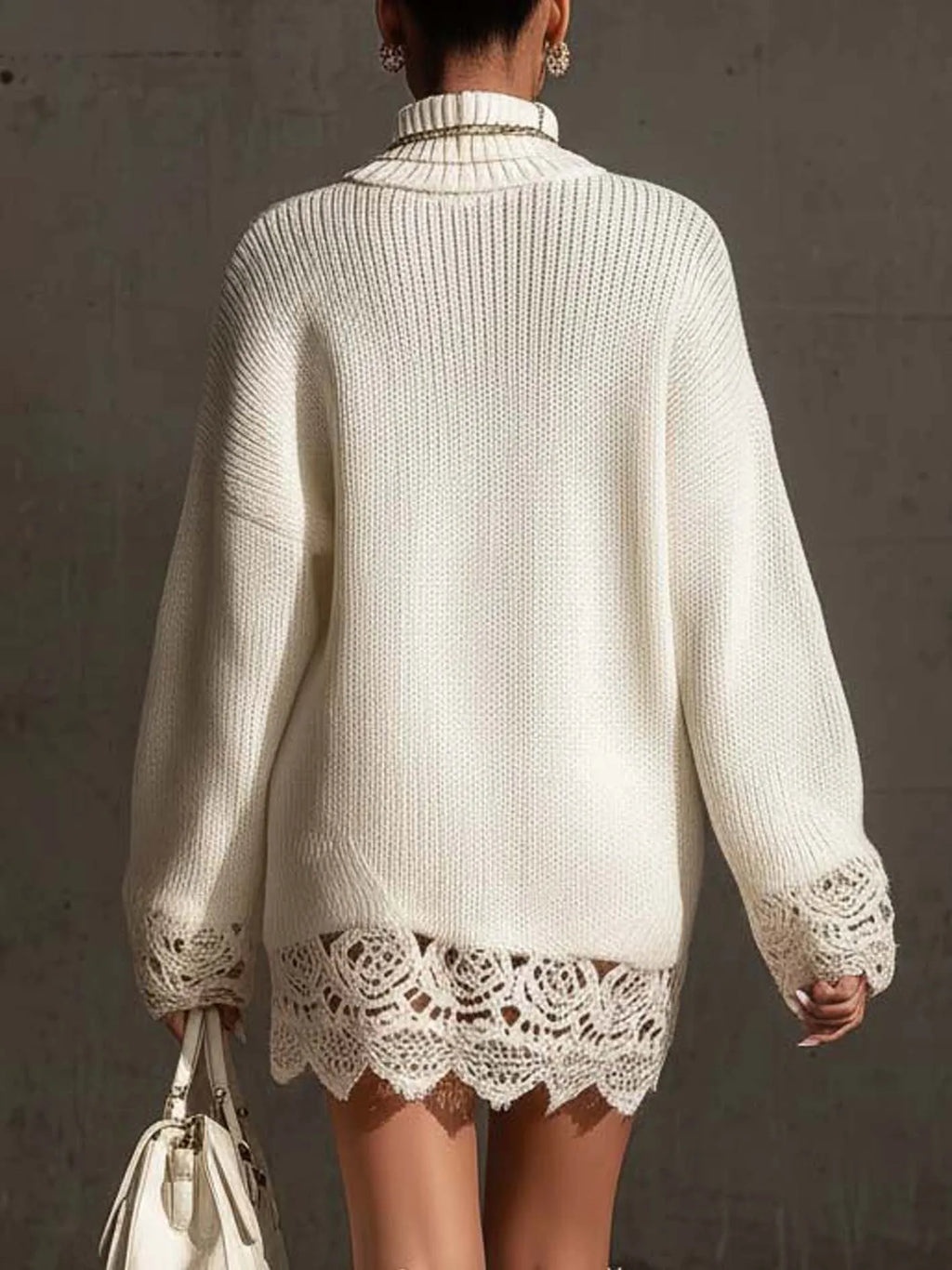 White Turtleneck Knit Mini Dress With Lace Trim