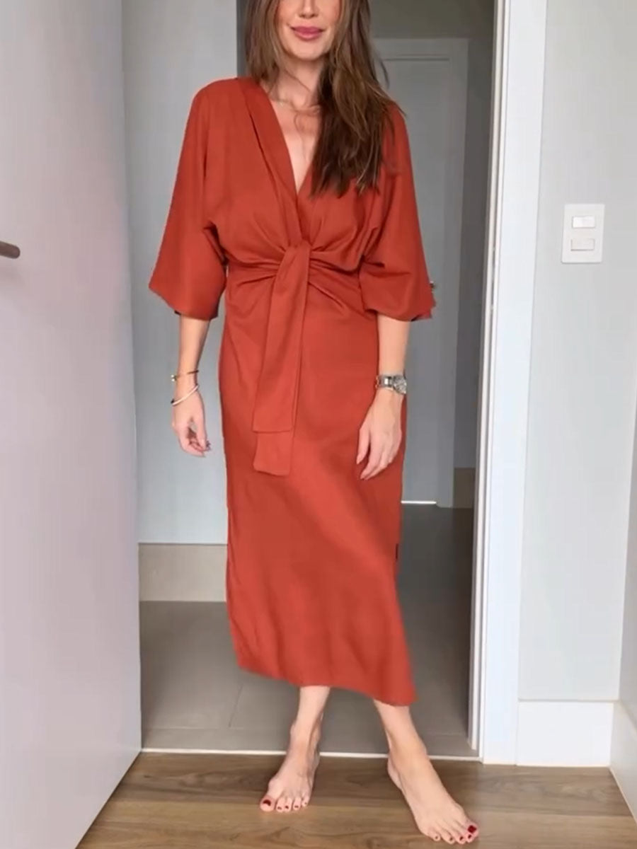 Casual V-neck cotton and linen lace-up dress