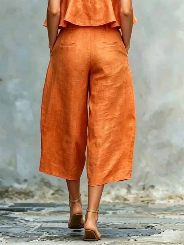 Casual Solid Relaxed Cropped Lace-up Wide Leg Pants