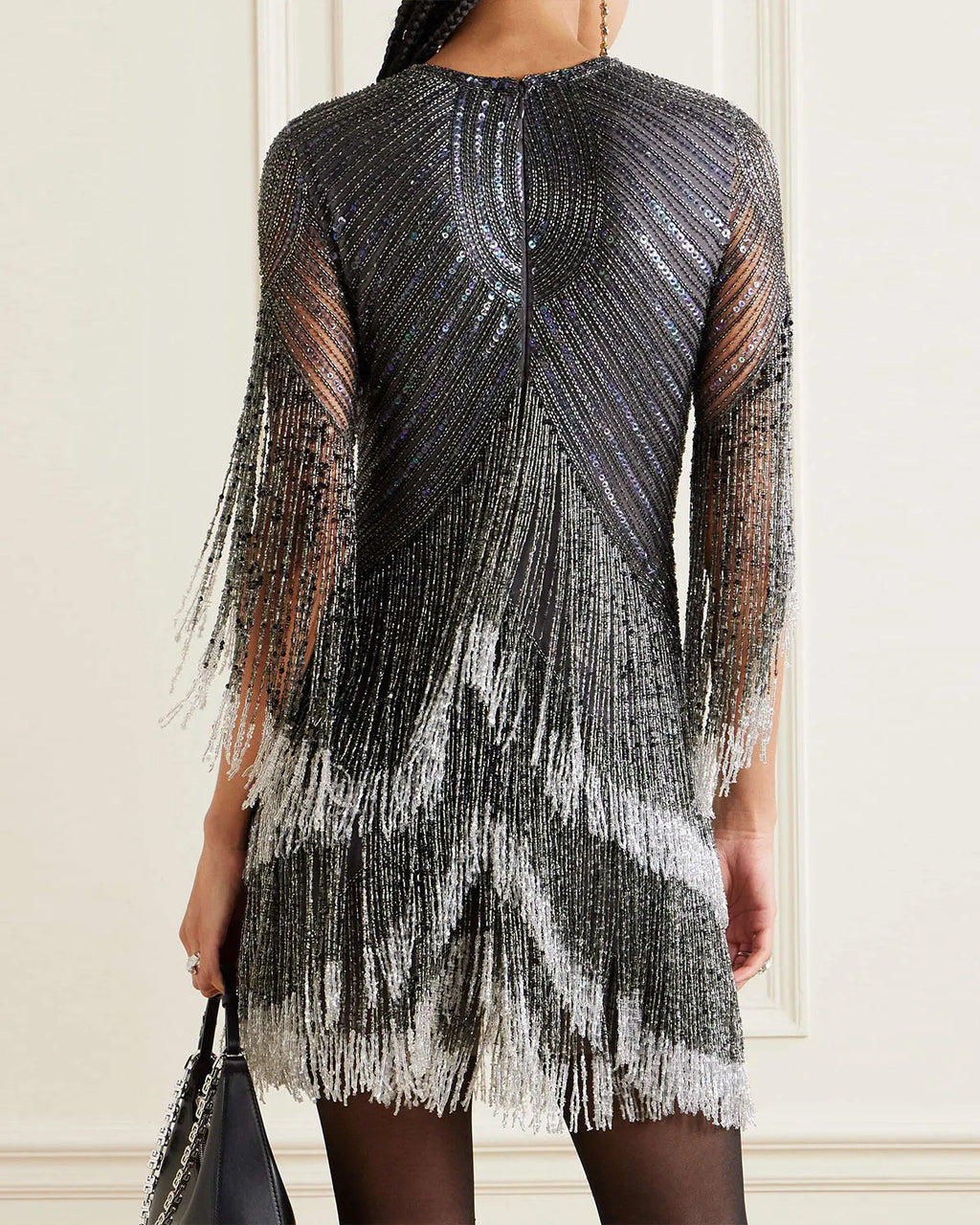 Fringed embellished tulle mini dress