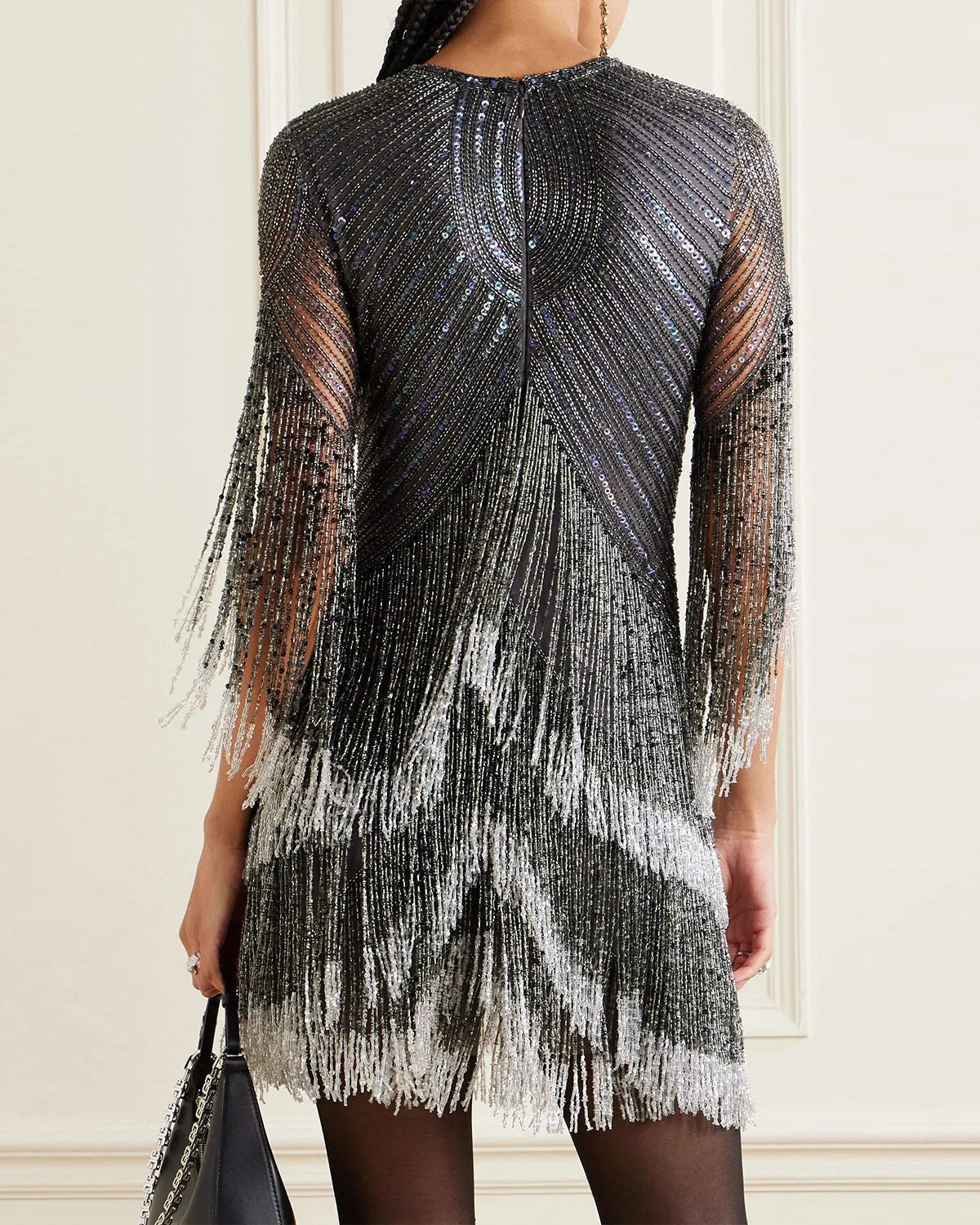 Fringed embellished tulle mini dress
