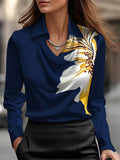 Solid Satin Floral Print Simple Swing Collar Shirt Top