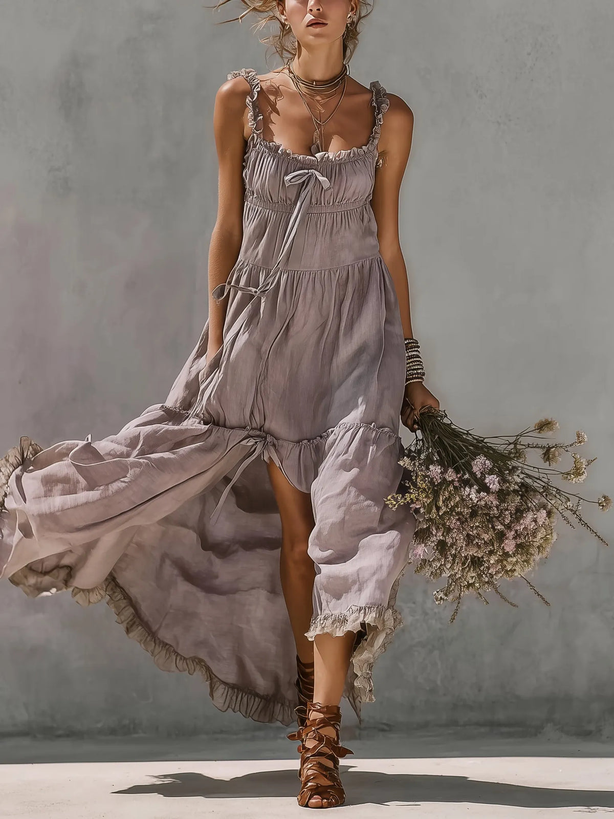Purple Lace Trimmed Linen Maxi Dress