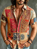 Men's Retro Bohemian Hippie Style Floral Patchwork Embroidered Print Short-sleeve Shirt