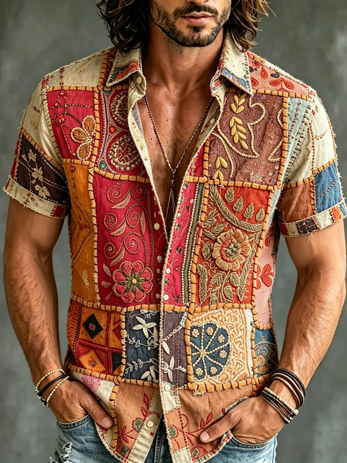 Men's Retro Bohemian Hippie Style Floral Patchwork Embroidered Print Short-sleeve Shirt