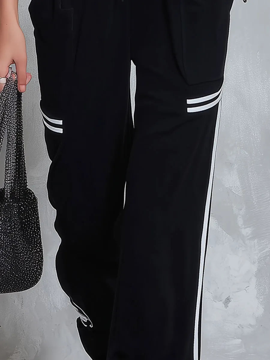 Retro Casual Sporty Color-blocked Black Sleeveless V-neck Cotton Jumpsuit