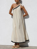 Classic Contrast Lace One-shoulder Spaghetti Strap Midi Dress