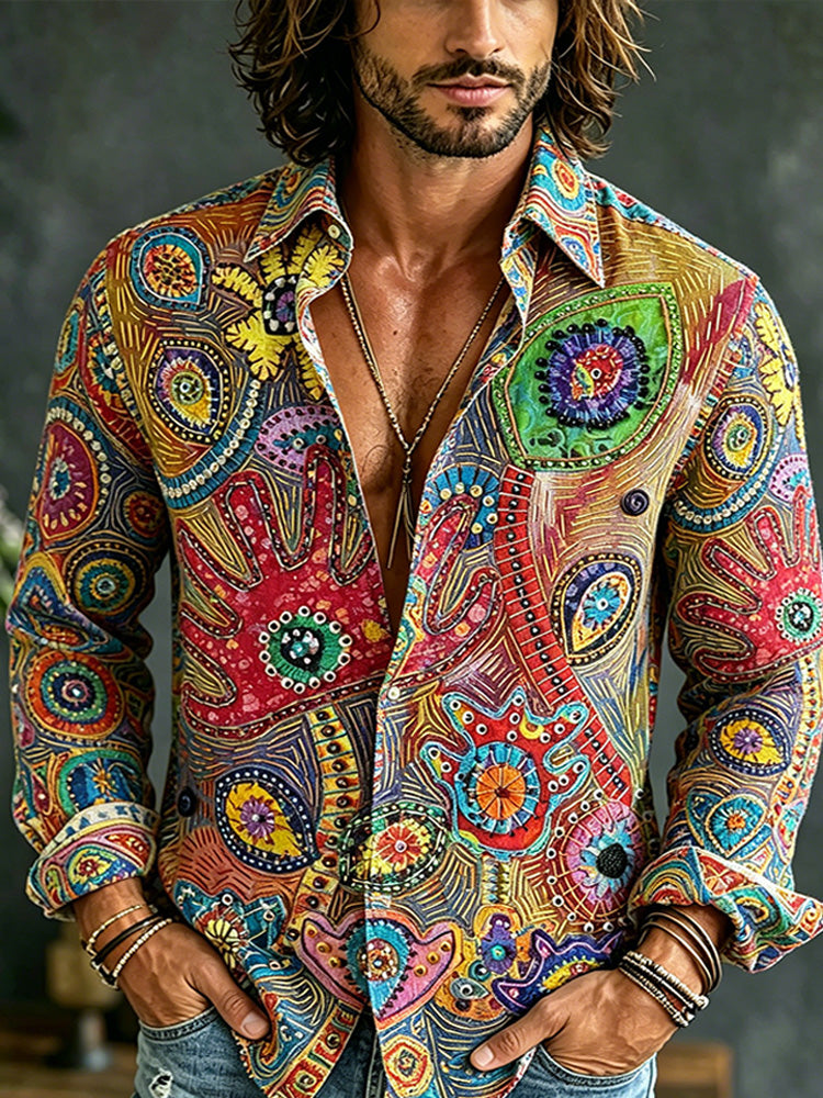 Men's Retro Floral Art Geometric Patchwork Print Linen Blend Long Sleeve Shirt
