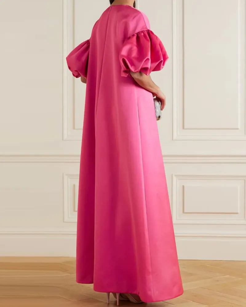 Satin round neck puff sleeve mid-sleeve oversize robe dress