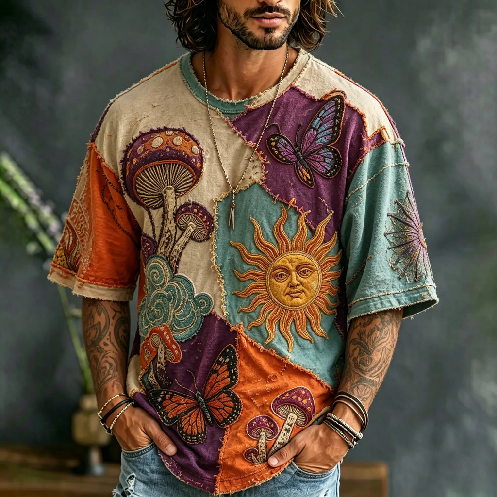 Men's Sun, Moon, Butterfly, And Mushroom Color Block T-shirt