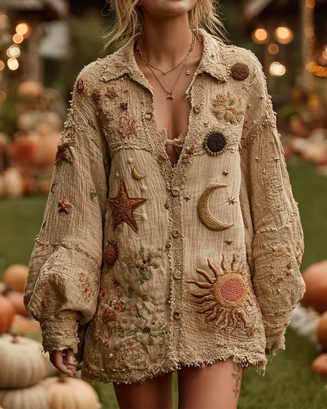 Women's Summer Vacation Star and Moon Theme Embroidered Linen Shirt 615a