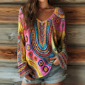 Women's Floral Art Print Casual V-neck Long Sleeve Top