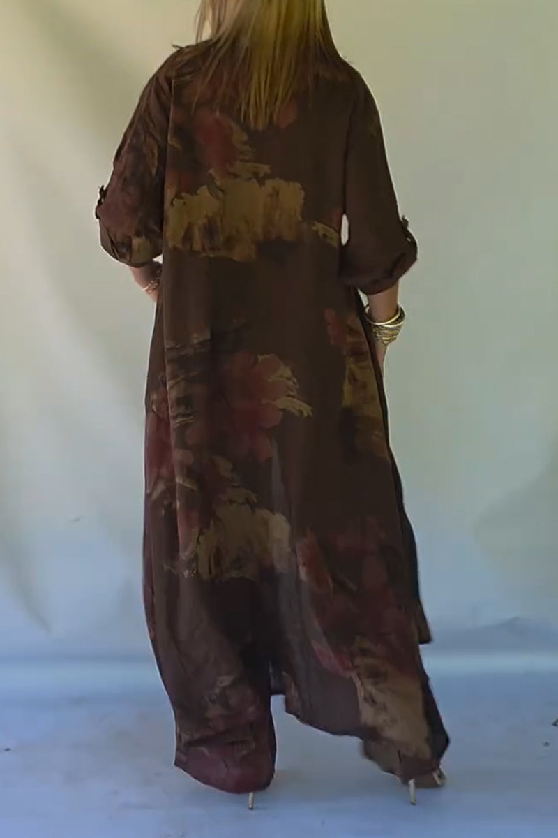 Womens V-neck Printed Patchwork Sequin Pocket Long Cardigan+ Pants Casual Set