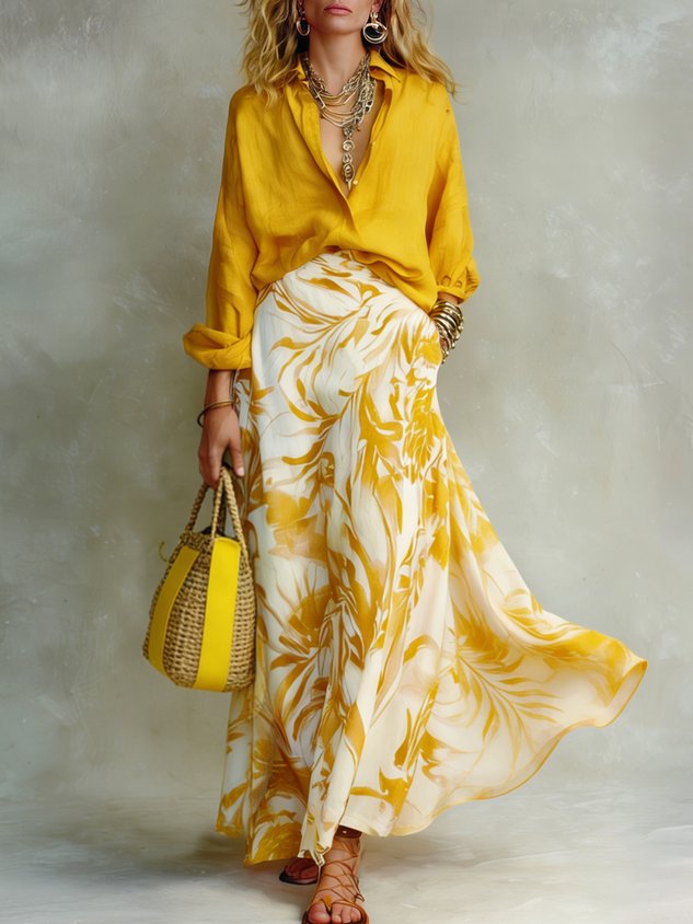 Elegant Printing Botanical Pattern Maxi Skirt