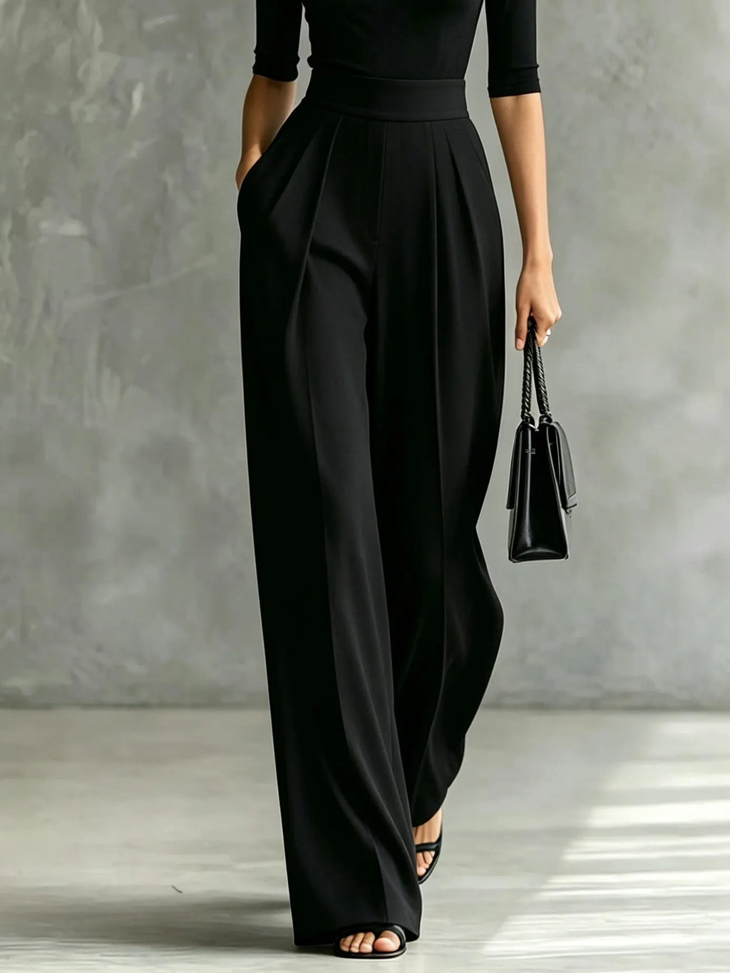 White Trim High-neck Mid-sleeved Black Top With Black Wide-leg Pants Set