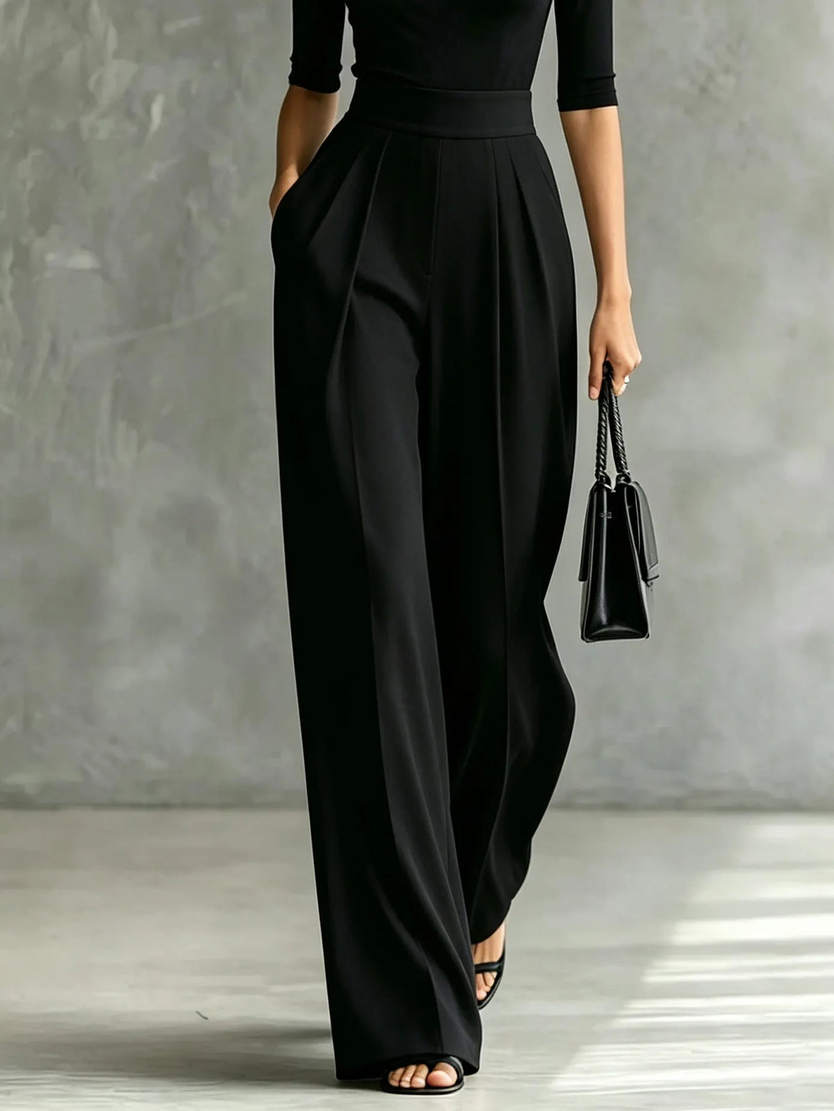 White Trim High-neck Mid-sleeved Black Top With Black Wide-leg Pants Set