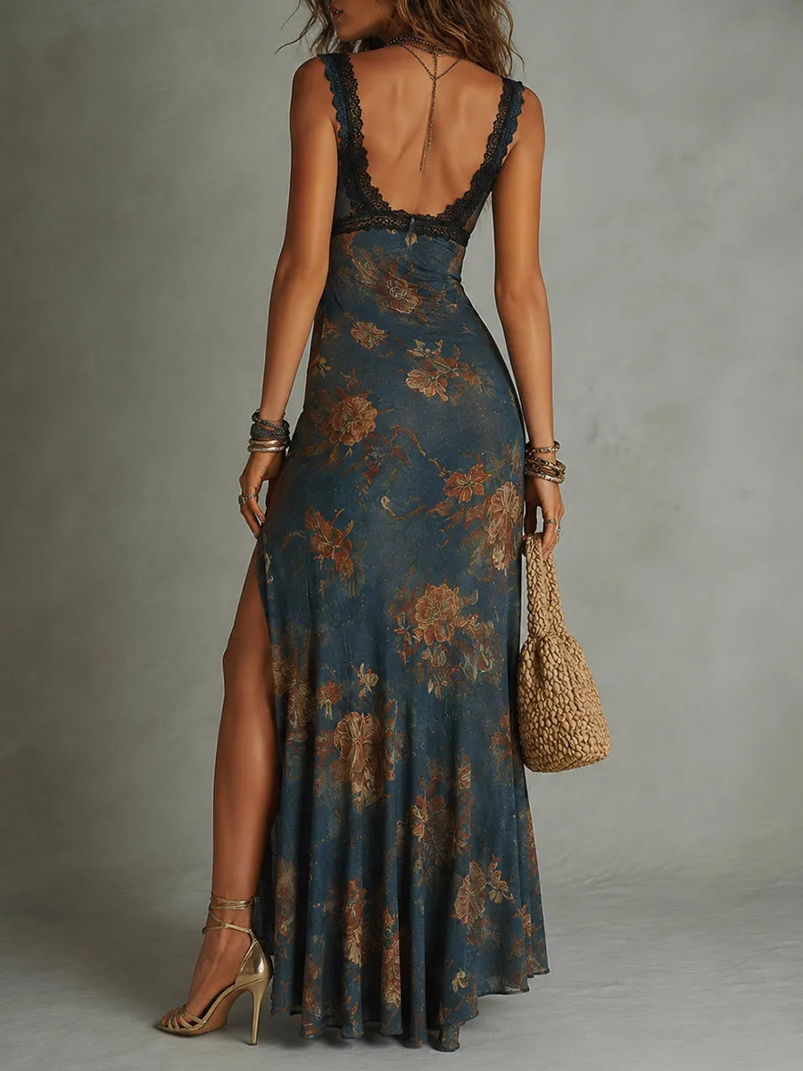 Retro-Print Lace Trim Knitted Maxi Dress With High Slit