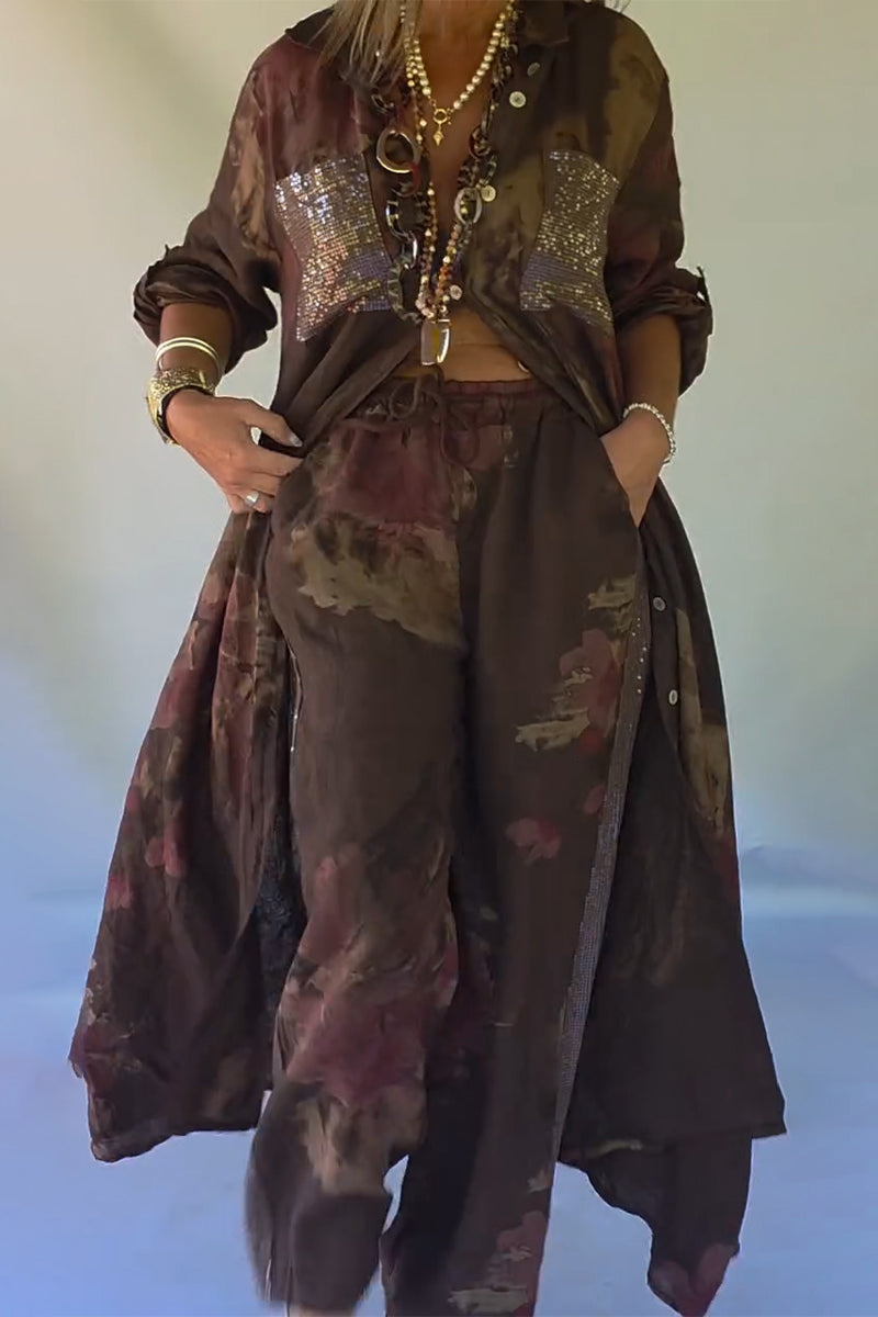 Womens V-neck Printed Patchwork Sequin Pocket Long Cardigan+ Pants Casual Set