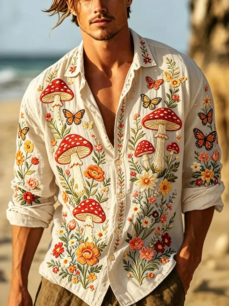 Men's Hippie Vintage Mushroom Print Long Sleeve Linen Shirt