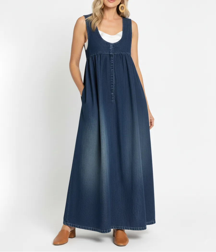 Denim Maxi Dress | Vintage Washed Cotton Button Front Dress