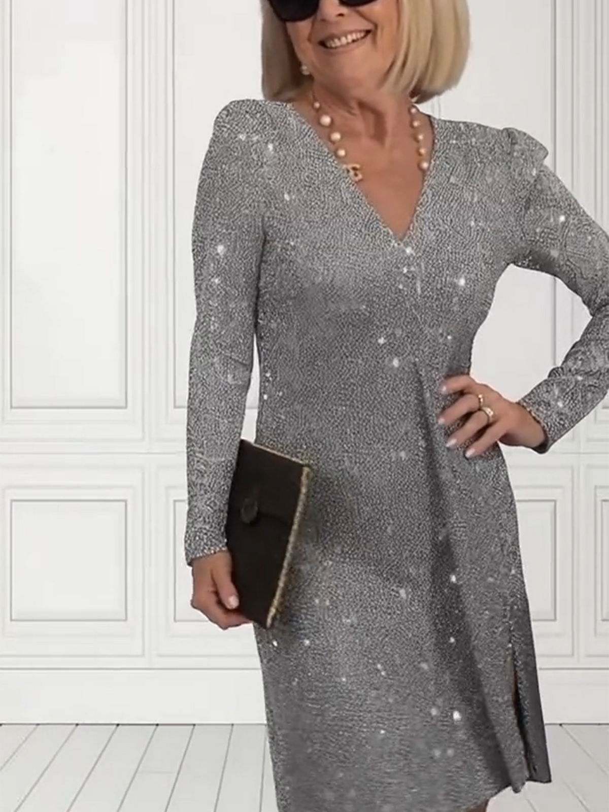 Temperament Elegant Daily New V-neck Long-sleeved Solid Color Sparkling Sequined Skirt