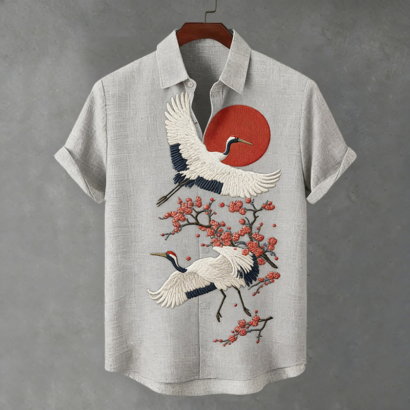 Men's Japanese-style Floral And Crane Print Short-sleeved Shirt