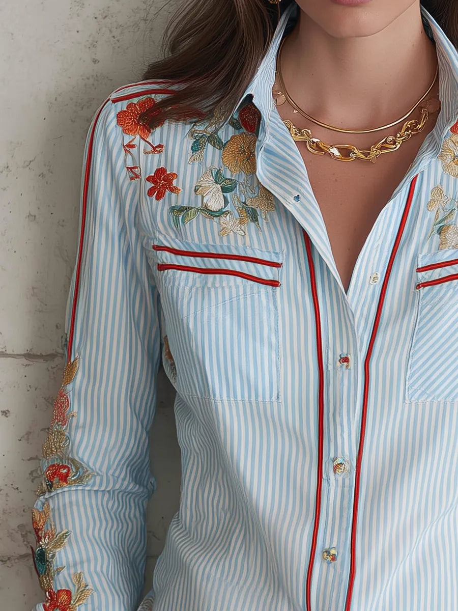 Classic Blue Stripe Floral Embroidered Shirt