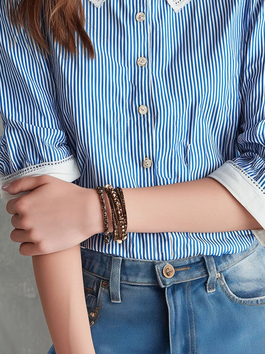 Boho Contrast Collar Blue And White Striped Cotton Blouse