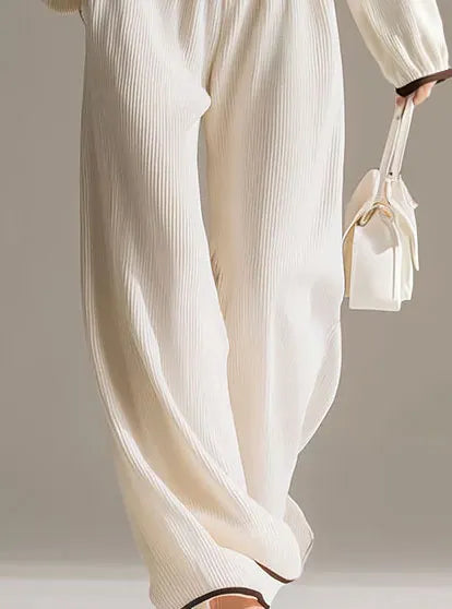 Elegant Color-blocked White Halter-neck Long-sleeved Knit Top And Pants Set