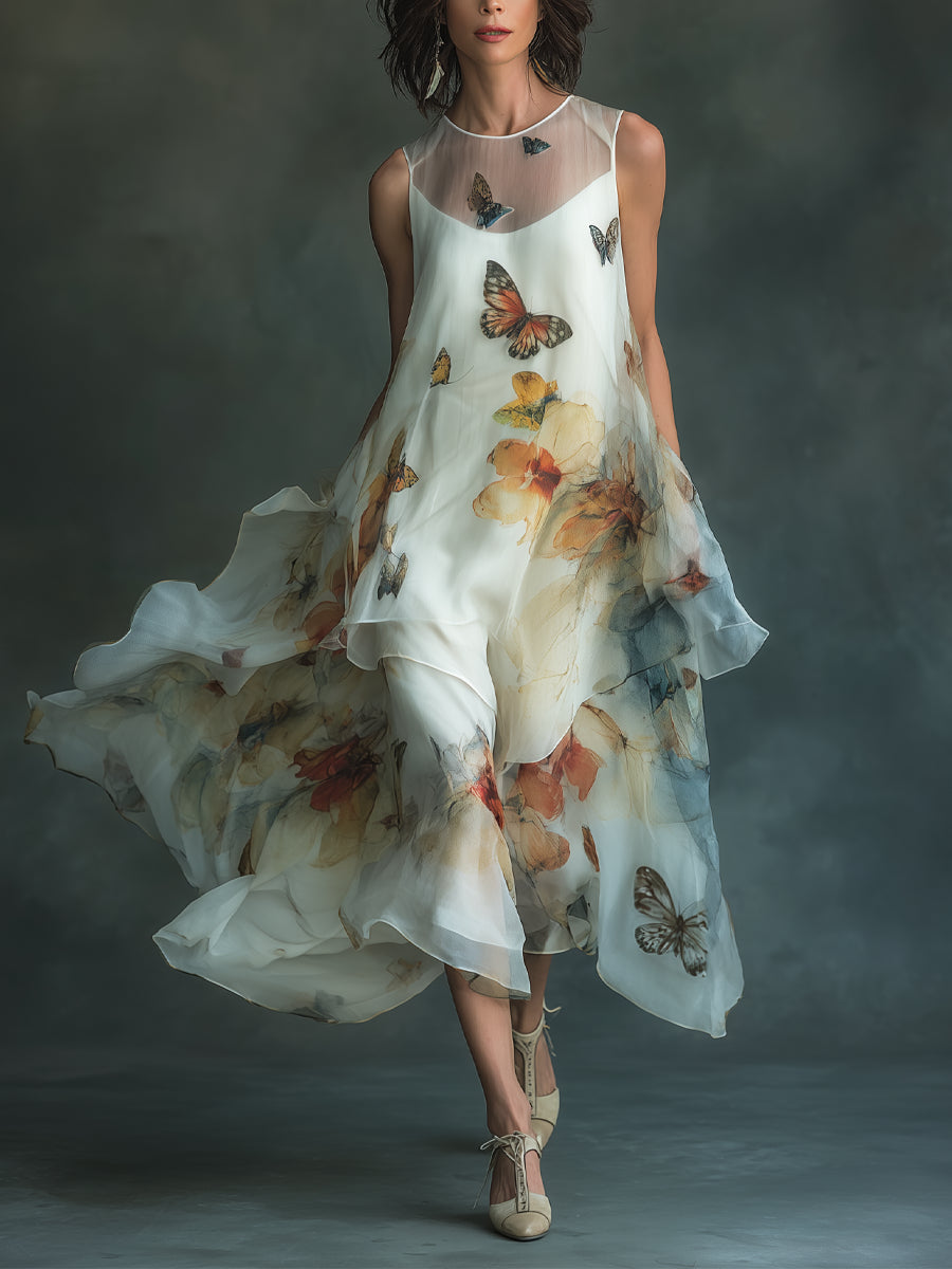 Organza Butterfly-Print Sleeveless Midi Dress