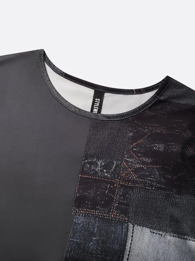 Casual Faux Denim Print Graphic  Crew Neck  T-shirt