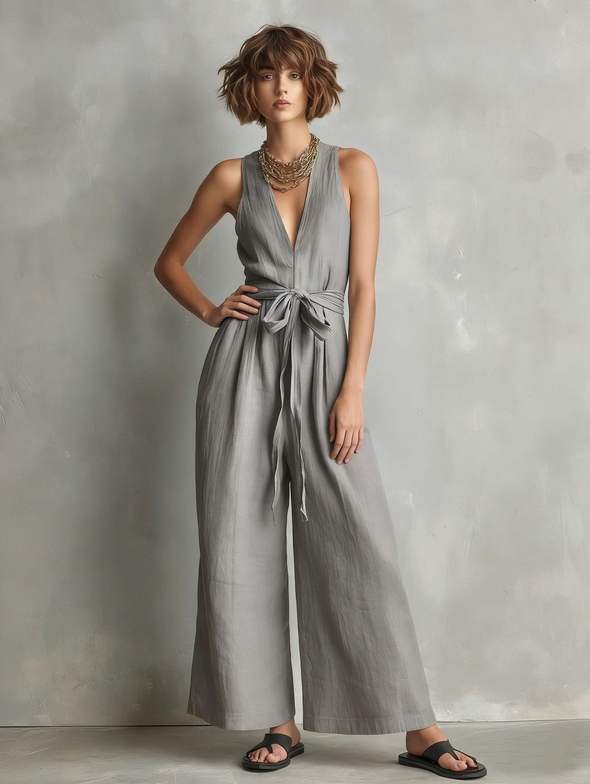 Momocco Elegant Waist-Knot Jumpsuit - Sleeveless Wide-Leg One-Piece Quiet Luxury Set