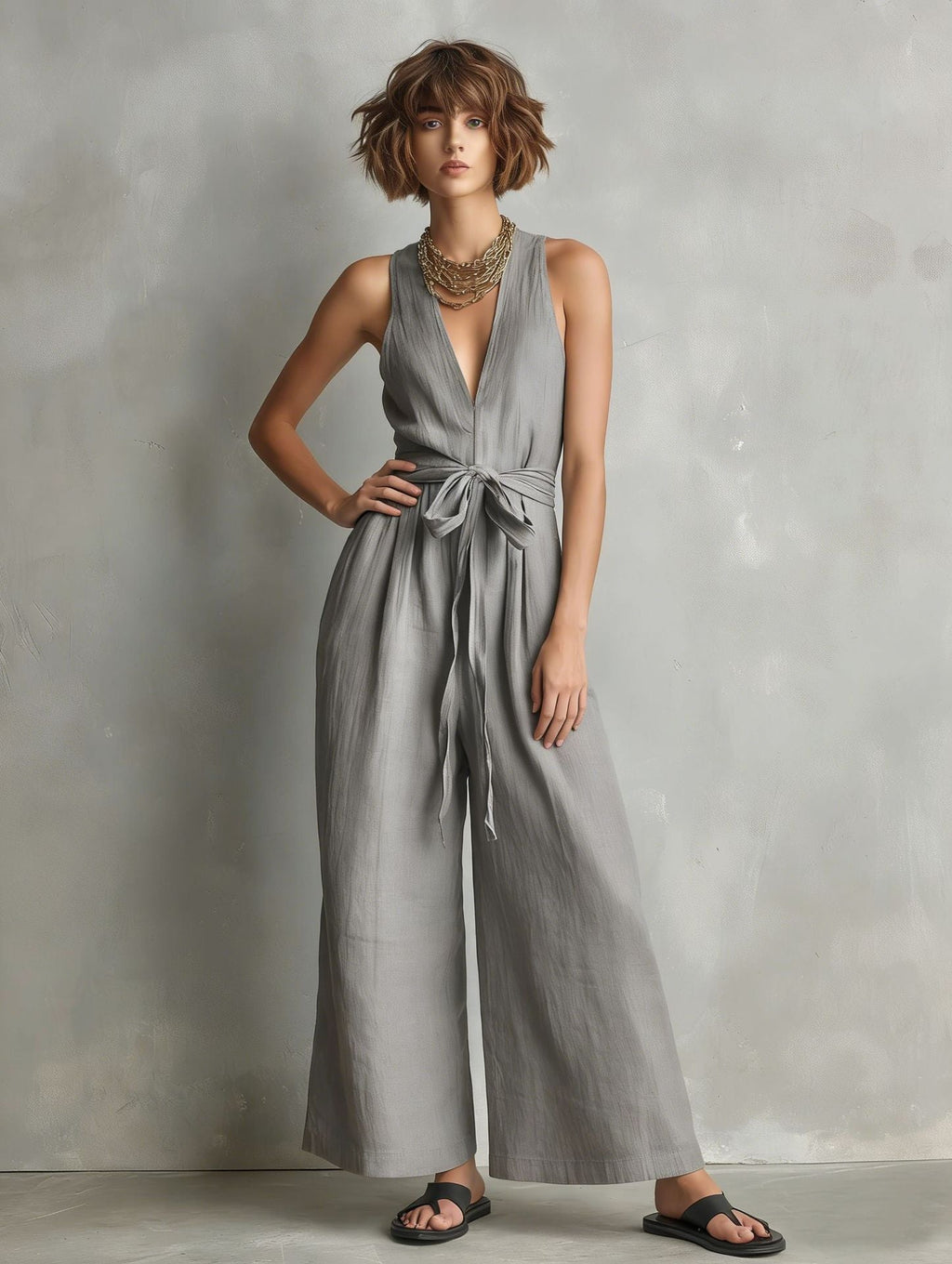 Gurtons Elegant Waist-Knot Jumpsuit - Sleeveless Wide-Leg One-Piece Quiet Luxury Set