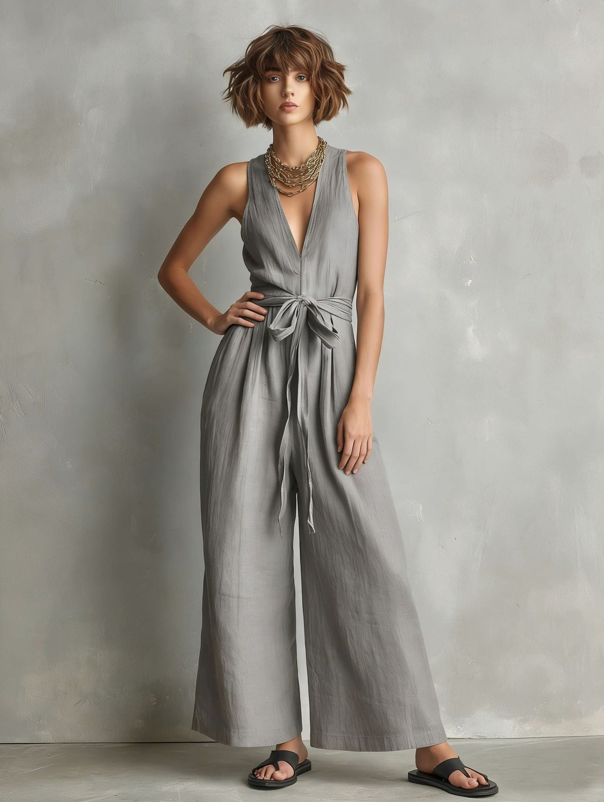 Gurtons Elegant Waist-Knot Jumpsuit - Sleeveless Wide-Leg One-Piece Quiet Luxury Set