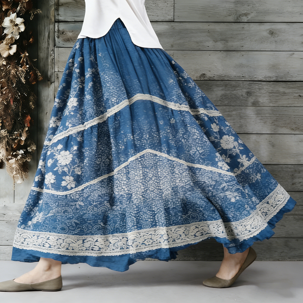Vintage Japanese Traditional Sashiko Art Pattern Linen Blend Casual Skirt