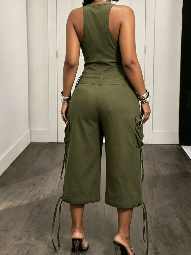Casual Solid Tailored Sleeveless Cargo Jumpsuit