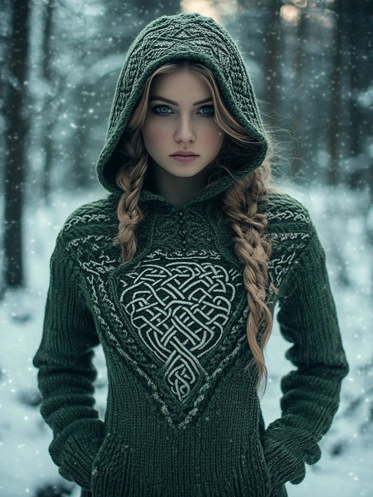 Women's Celtic Knot Jacquard Cozy Knit Hooded Sweater