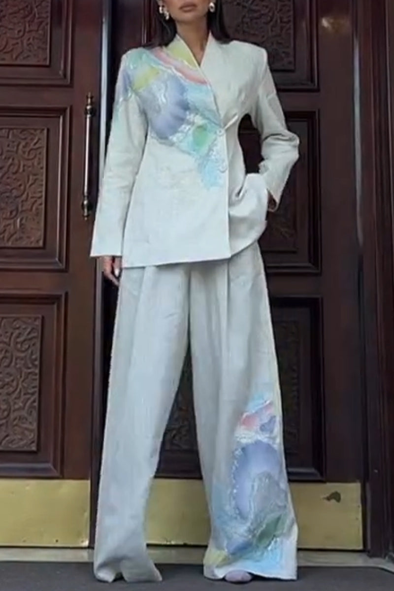 Women Round Neck Dyed Jacket + Wide Leg Pants Temperament Commuting Formal Suit