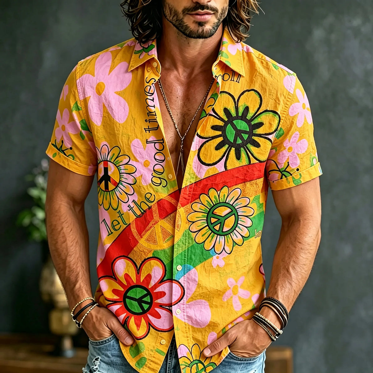 Men's Retro Hippie Style Floral Print Short-sleeve Shirt