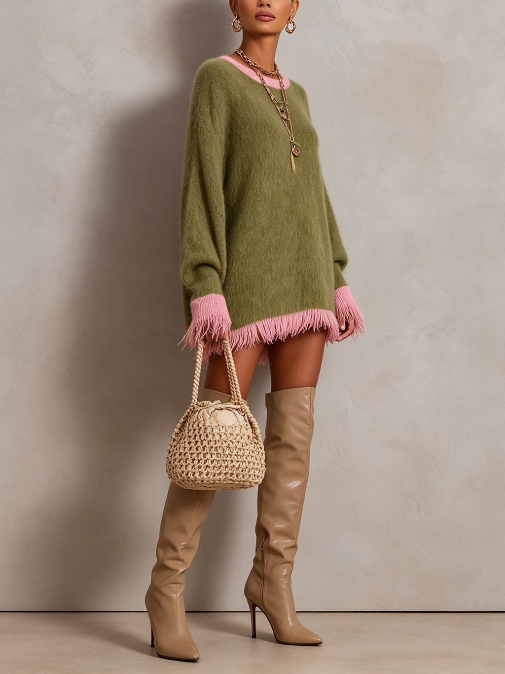 Olive Pink Fringe Trim Oversized Knit Mini Dress