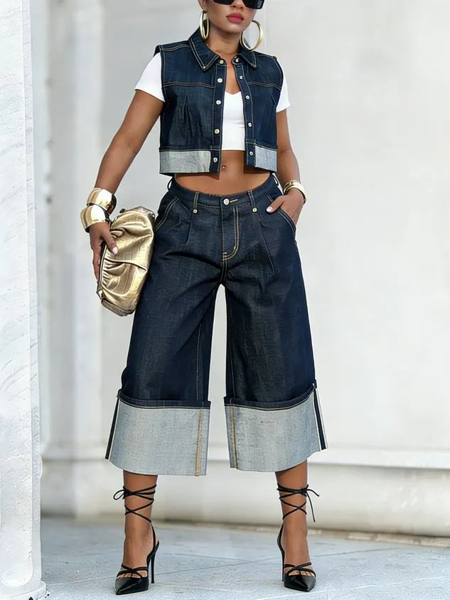 Casual Plain Shawl Collar Soft Tencel Denim Vest