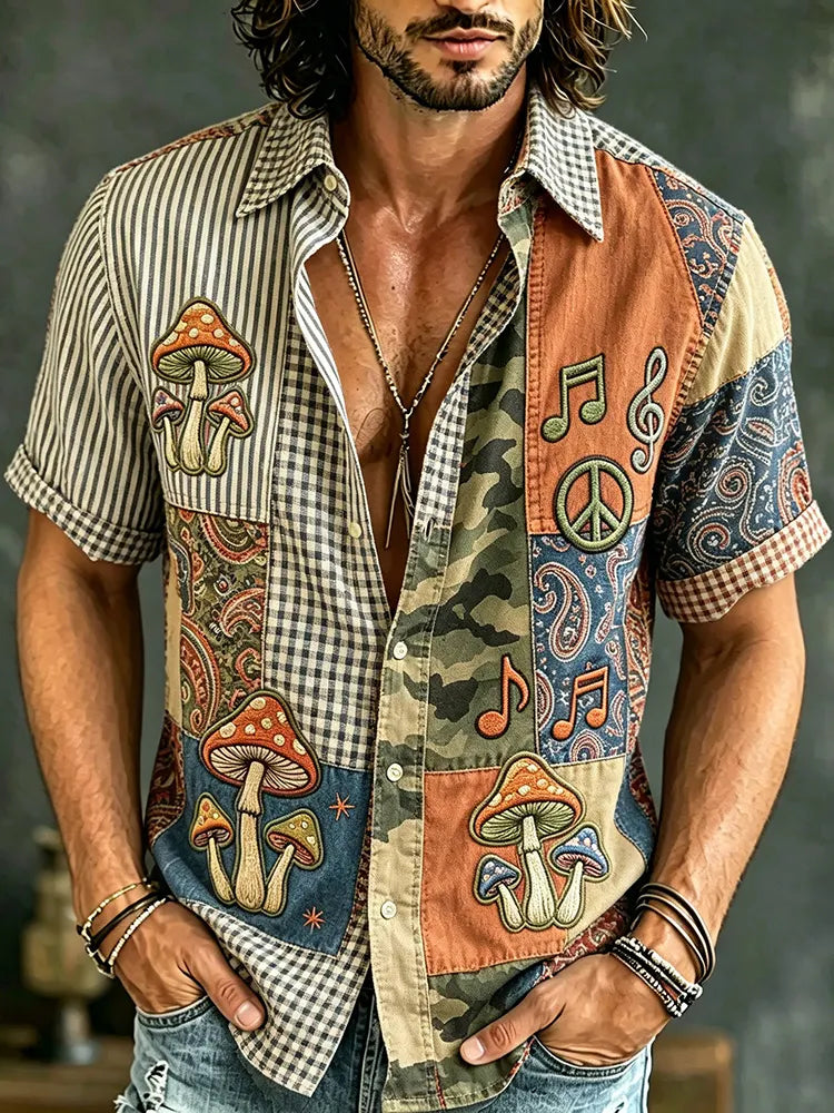 Men's Hippie Patchwork Art Lapel Short Sleeve Shirt
