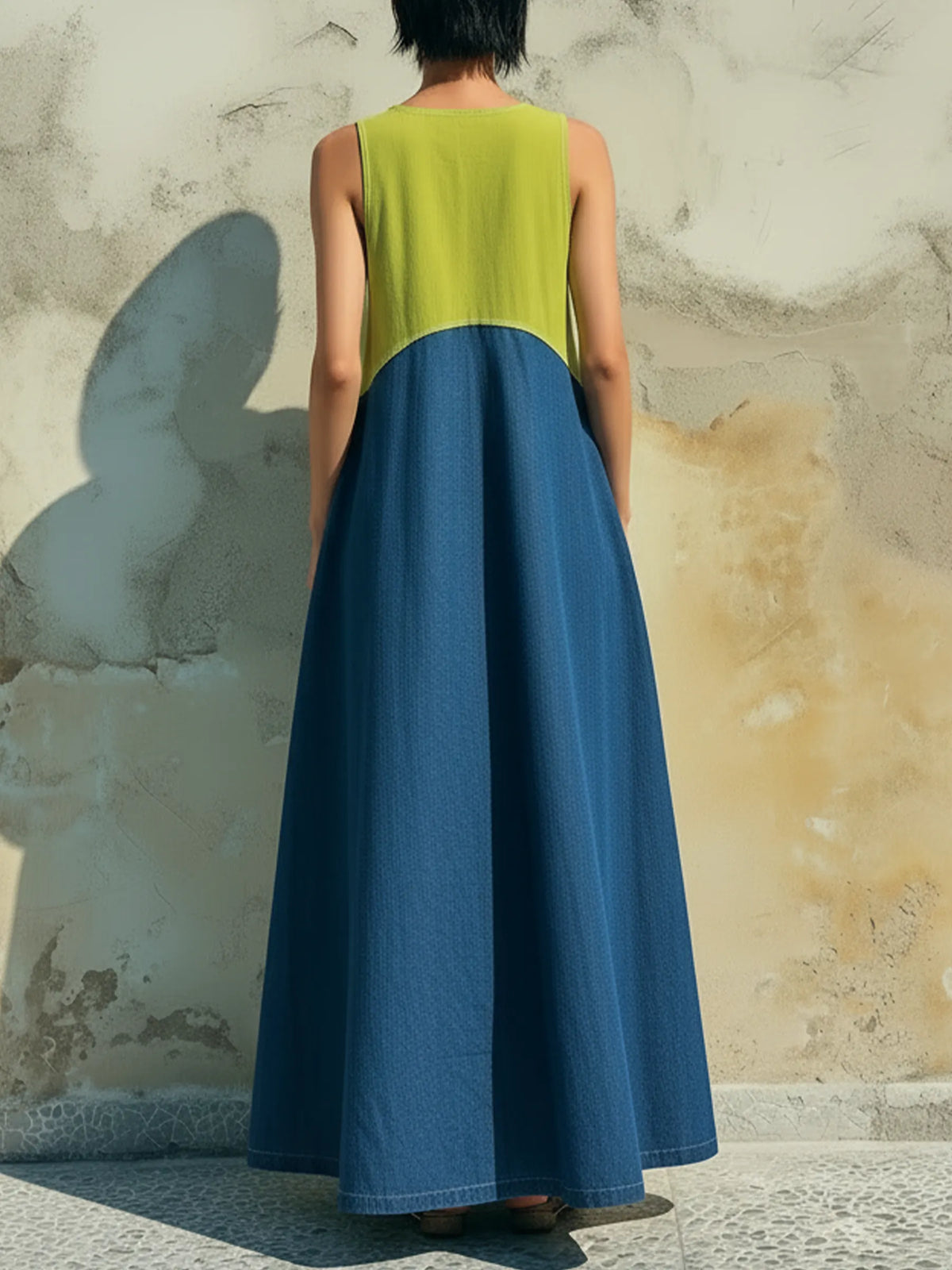 Blue & Green Colorblock Tencel Denim Sleeveless Maxi Dress