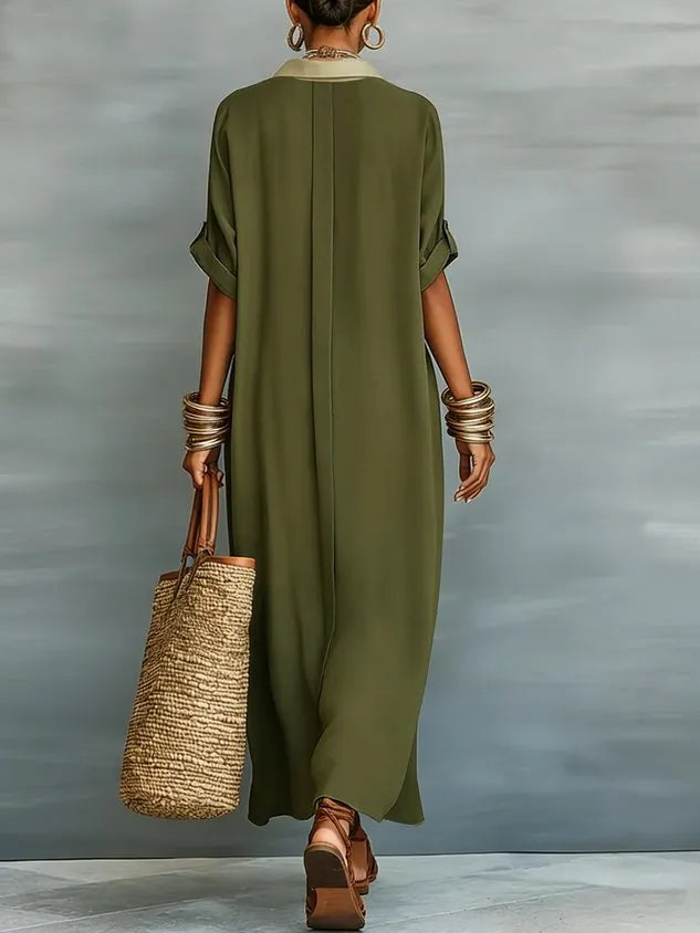 Casual Colorblock Relaxed Maxi Shirt Dress